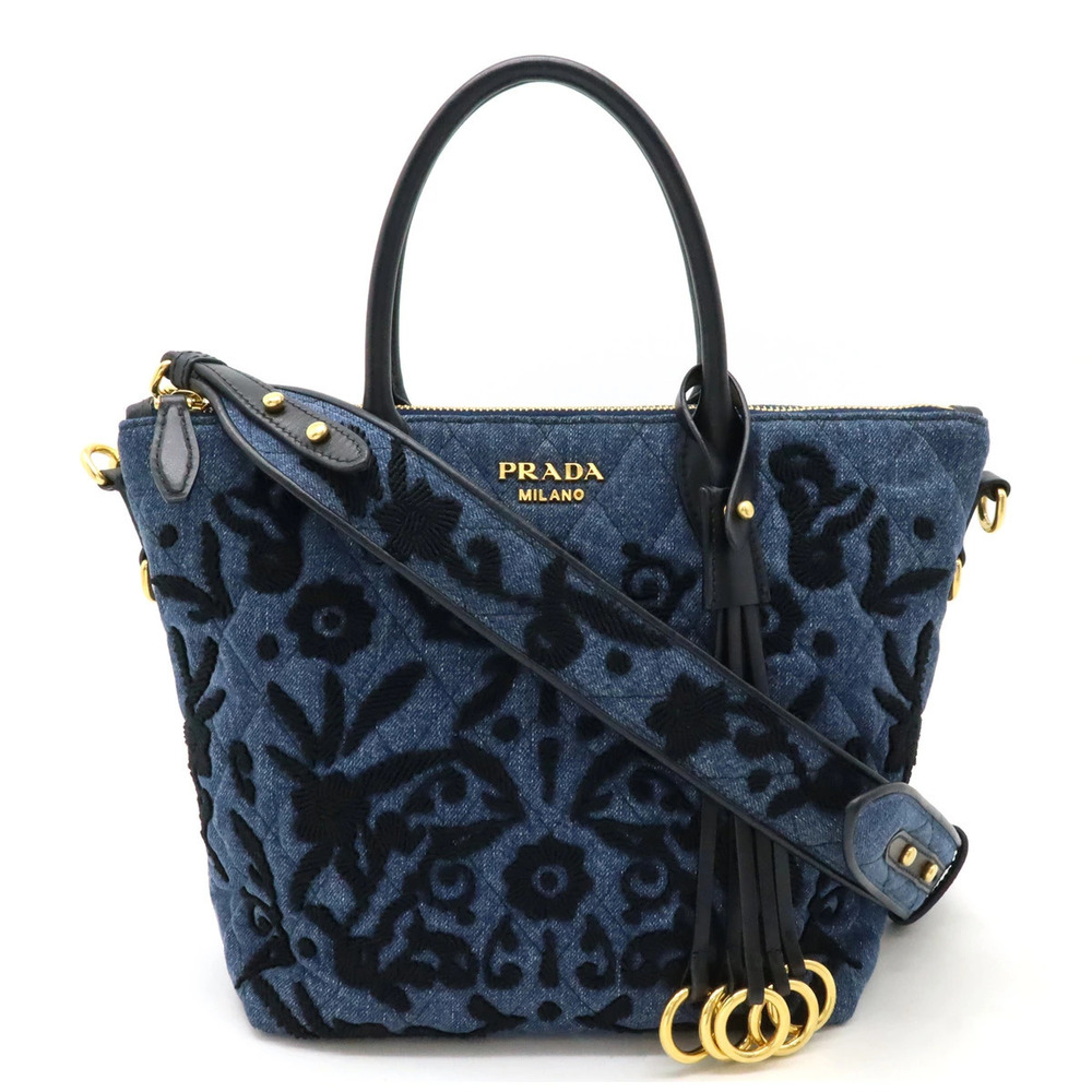Prada Corsaire 2way Shoulder Bag Embroidered Quilted Denim Leather Blue